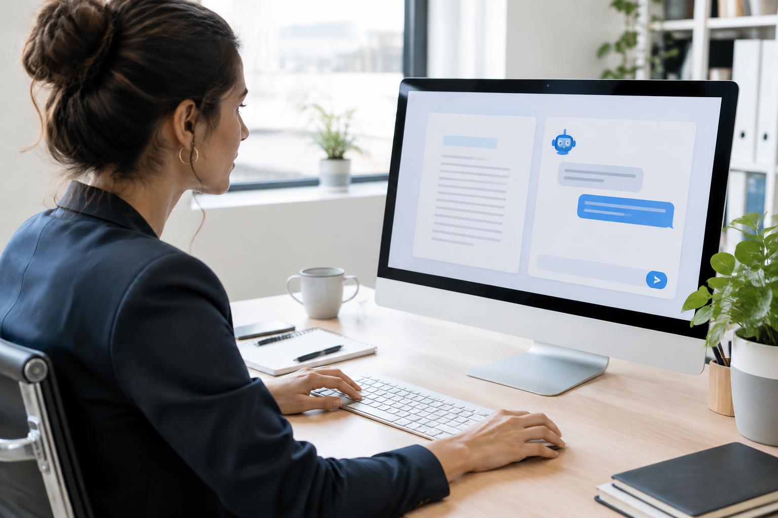Une professionnelle utilise un assistant IA sur son écran au bureau